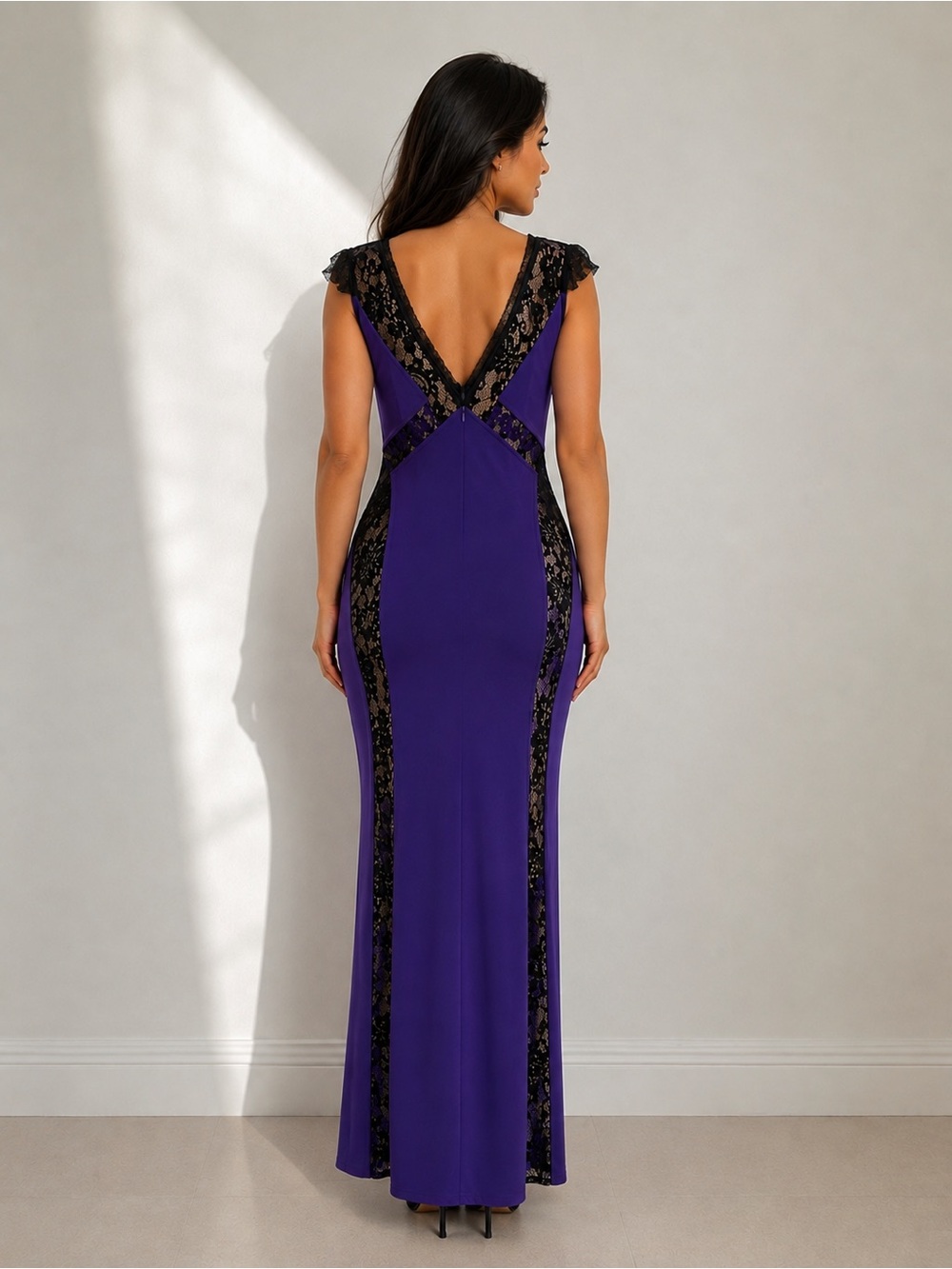 NEW| Fitted Purple Lace-Trim Maxi Dress - Picture 2 of 7